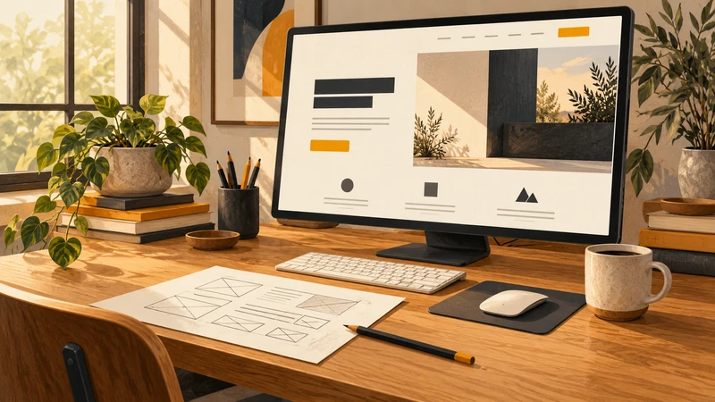 Illustrated web design workspace with a monitor and paper wireframes