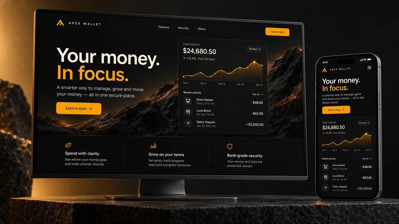 Apex Wallet landing page concept shown on desktop and mobile