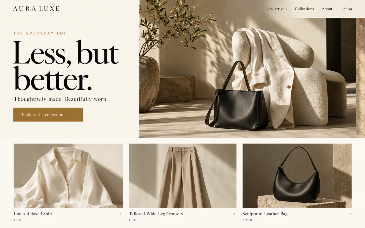 Aura Luxe fashion storefront concept with editorial product imagery