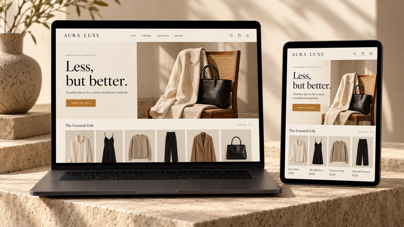 Aura Luxe ecommerce concept shown on a laptop and tablet