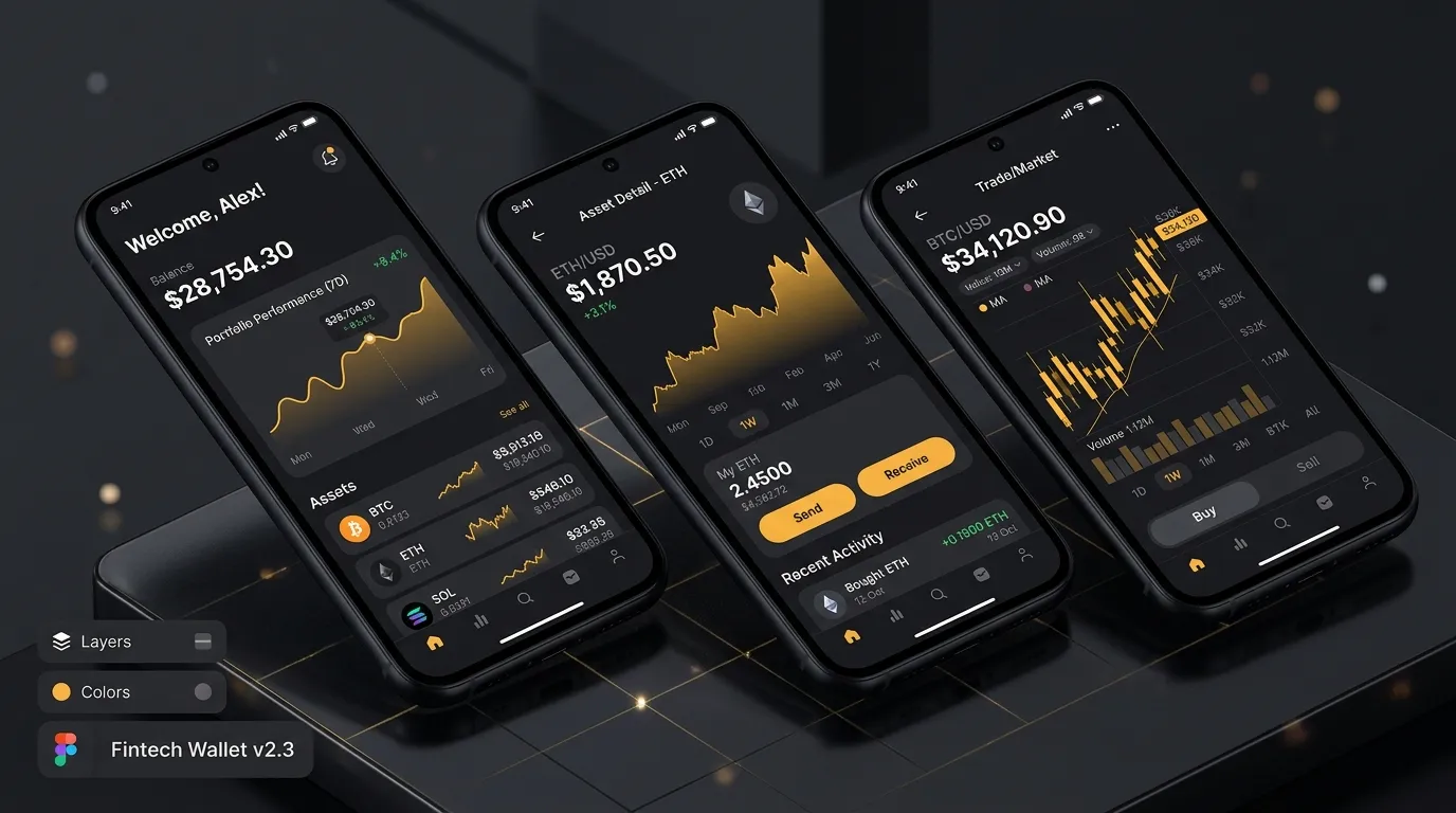 Apex Wallet app screens on three phones: balance, asset detail and trading