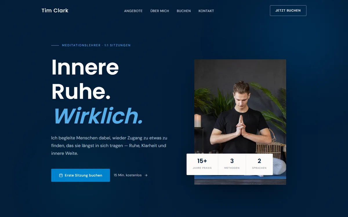 Tim Clark homepage: a dark blue hero reading Innere Ruhe. Wirklich. with a booking button and a photo of Tim meditating