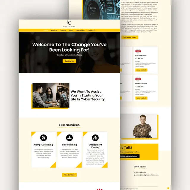 Black Light Consultation website: dark hero with a yellow button, service cards for CompTIA and Cisco training, and course bundles