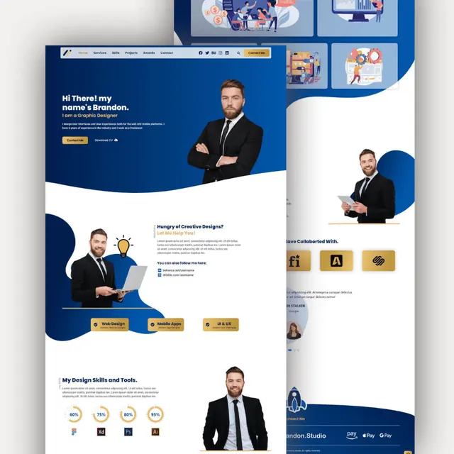 Brandon Studio portfolio: blue hero with a portrait, service badges, skill rings and client logos