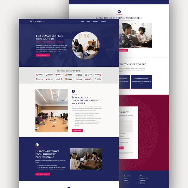 deMastery website: navy hero with a circular photo, partner logos, training and consultancy sections and a sign-up form