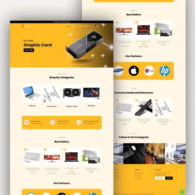 E-Tech online store: yellow hero with a graphics card, shop categories, best sellers, partner logos and an Instagram feed