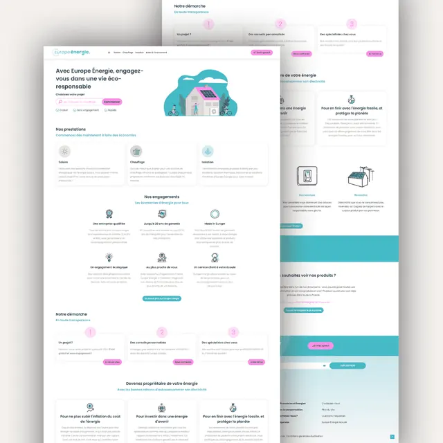 Europe Energie website: illustrated hero, service cards for solar, heating and insulation, commitments and a three-step process