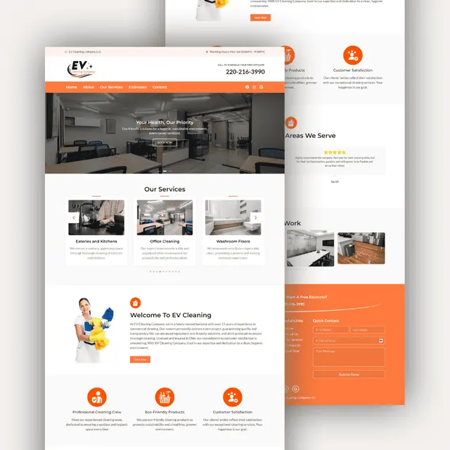 EV Cleaning Company website: orange navigation, office hero image, service carousel, about section and a quote form