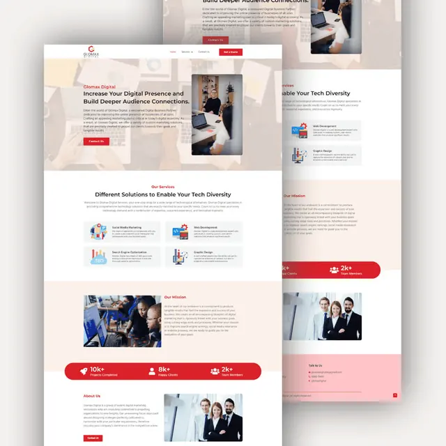 Glomax Digital agency website: hero with a team photo, four service tiles, a mission section and a red stats bar
