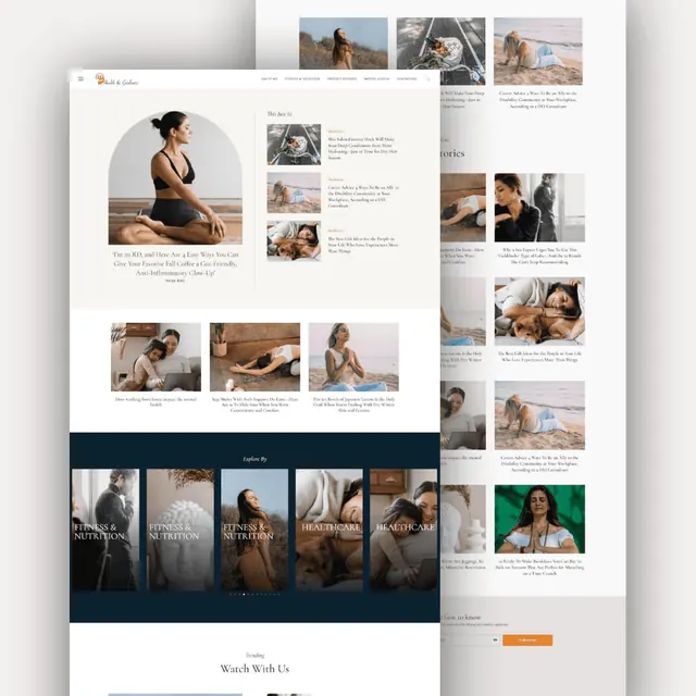 Health and Guidance blog: featured article with an arched photo, latest posts, a category carousel and a newsletter sign-up