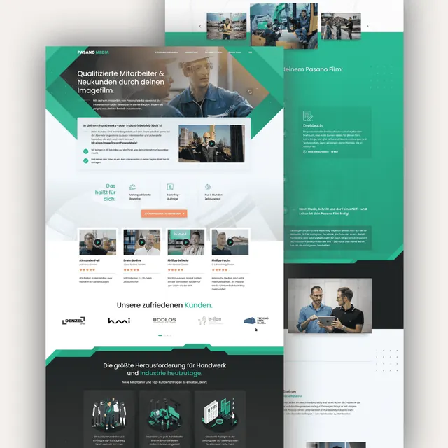 Pasano Media website: green angled hero, video testimonials, client logos and a dark section on hiring challenges