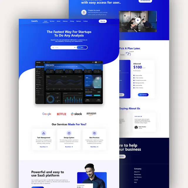 Saasify SaaS landing page: blue hero with an email sign-up, a dashboard preview, client logos, service cards and pricing plans