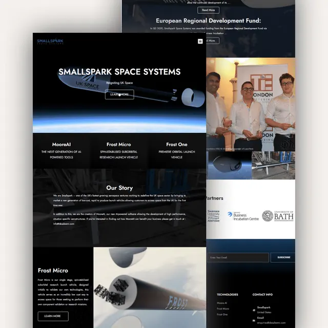 Smallspark Space Systems website: dark hero with a launch vehicle above Earth, three product columns, the company story and partner logos