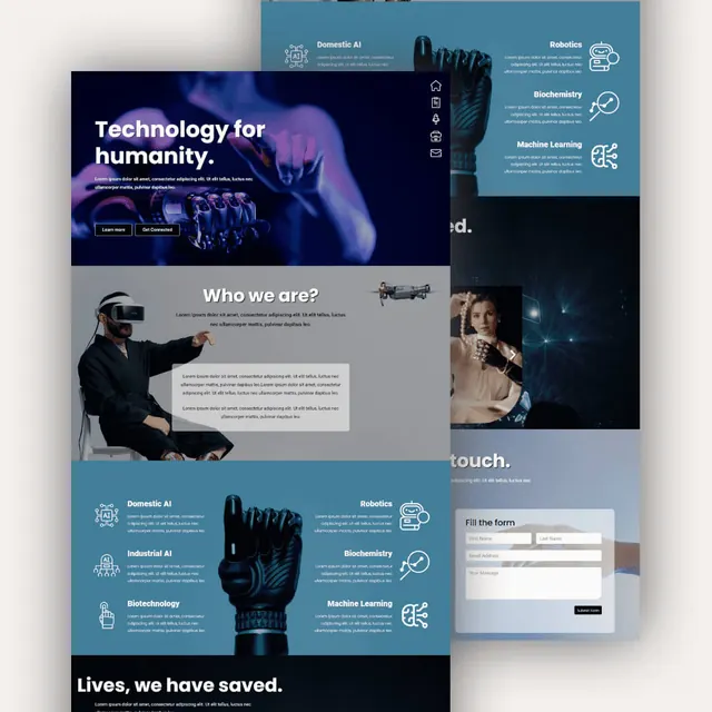 Technology for Humanity website: dark hero with a robotic hand, an about section, six technology areas and a contact form